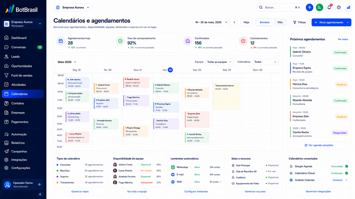 Calendário de agendamento online da BotBrasil com horários disponíveis e confirmação automática — BotBrasil para reservas com confirmação automática