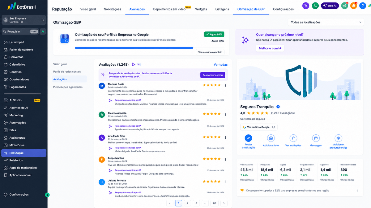 Painel de reputação online da BotBrasil com avaliações do Google, NPS e respostas automáticas — BotBrasil para reservas com confirmação automática